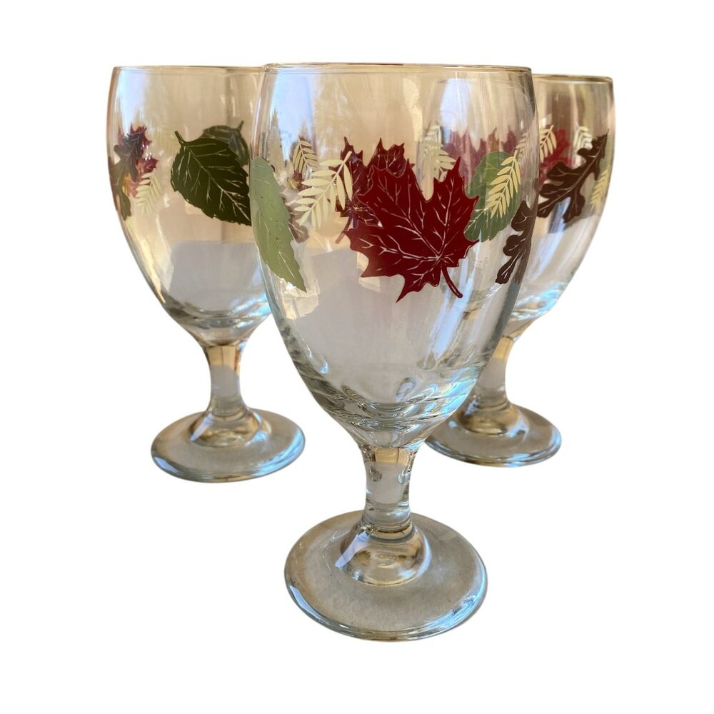 Vintage Libbey Fall Autumn Leaves glasses goblets wine water Thanksgiving